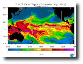 Link to fullsize image of SSM/I satellite composite image of integrated water vapor