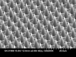 By varying the chemistry of the etching process and the glass composition, researchers produce different surface microstructures and aspect ratios that range from flat tops to cones with long needlelike structures.