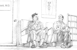 Imagen de dos hombres sentados en la sala de espera de su medico.