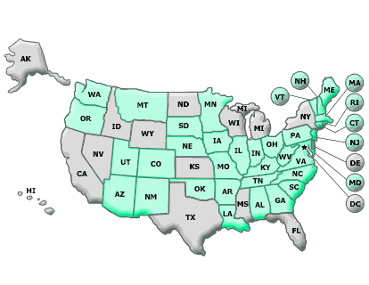 Alabama, Arizona, Arkansas, Colorado, Connecticut, Georgia, New Hampshire, Indiana, Illinois, Iowa, Kentucky, Louisiana, Maine, Maryland, Massachusetts, Minnesota, Missouri, Montana, Nebraska, New Jersey, New Mexico, North Carolina, Ohio, Oklahoma, Oregon, Pennsylvania, Rhode Island, South Carolina, South Dakota, Tennessee, Utah, Vermont, Virginia, Washington, and West Virginia