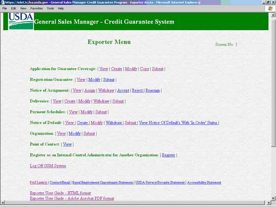 Exporter menu screen