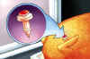 Picture of a pop-up temperature indicator with an arrow showing its proper placement in a turkey breast.