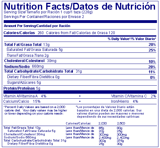 Nutrition Facts label in English with a second language following the English text such as "Nutrition Facts/Datos De Nutricion".