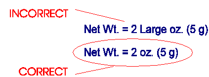 Net weight equals 2 large ounces. (5g) marked as incorrect. Net weight equals 2 ounces (5g) marked as correct.