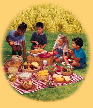 Cover illustration, 4 children at a picnic.