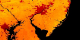 This image shows average surface temperatures
predicted by LIS for 2001/06/11. Temperatures range from 9 C to
35 C (48F to 95F), with the hottest areas being red and dark
red. Temperatures are generally cooler farther north and at
higher elevations. The urban areas stand out very distinctly
against their surroundings.