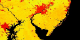 This image shows outgoing thermal radiation
(watts per square meter) predicted by LIS for 2001/06/11. The
urban areas stand out very distinctly against their less
radiative surroundings.