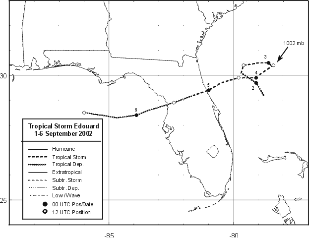 Best track positions for Tropical Storm Edouard