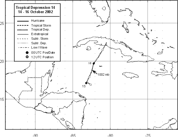 Best track positions of Tropical Depression Fourteen