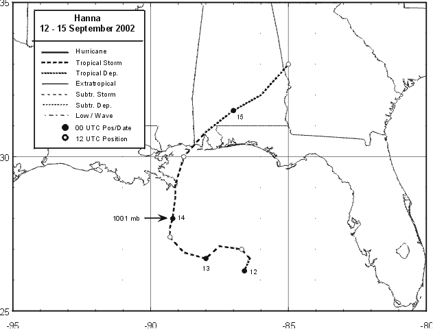 Best track positions for Tropical Storm Hanna