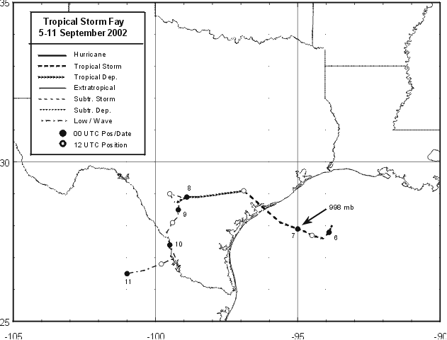 Best track positions for Tropical Storm Fay