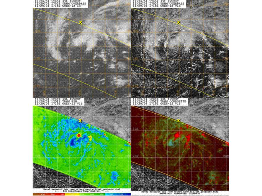 TRMM microwave satellite image at 1752 UTC 29 November 2004, near Otto's peak intensity of 45 kt as a subtropical storm