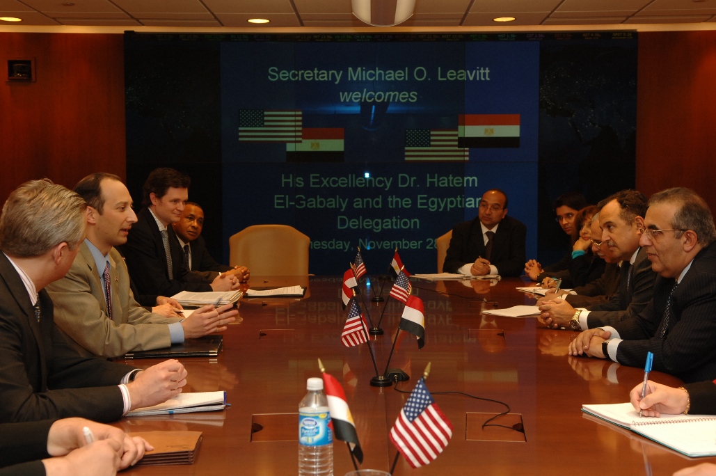 Deputy Secretary Troy participates in a discussion with His Excellency Hatem El-Gabaly, Egyptian Minister of Health and Population (right) and His Excellency Nabil Fahmy, Egyptian Ambassador to the United States (second from right) at HHS Headquarters.