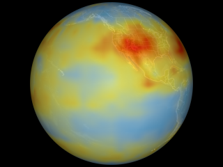 This visualization shows global carbon dioxide from July 2003 at 8 km. Low concentrations are shown in blue and high concentrations are shown in red.
