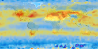 This image shows the global monthly average Carbon Dioxide in July 2003 as seen by Aqua/AIRS.