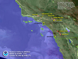 Wildfire locations across southern Califorinia on October 28, 2003