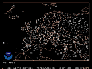 Temperatures at 0600 UTC across Europe on October 25, 2003