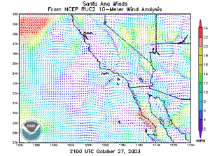 Surface wind speed estimates on October 27, 2003 at 2100 UTC or 1PM PST