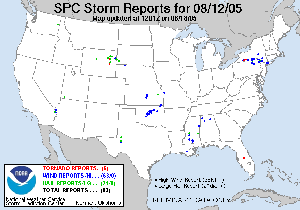 Nationwide severe weather reports on August 12, 2005