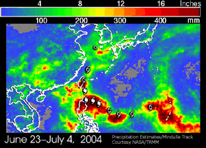 Rainfall estimates and track of Typhoon Mindulle during June 23-July 4, 2004