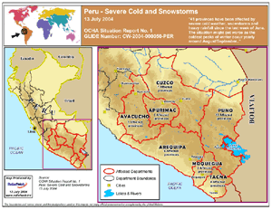 Map of winter weather-affected areas of Peru in early July from the UN Office for the Coordination of Humanitarian Affairs