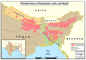 Map of flood-affected areas of South Asia in July from the UN Office for the Coordination of Humanitarian Affairs