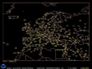 Temperatures across Europe at 1800 UTC, July 3, 2004