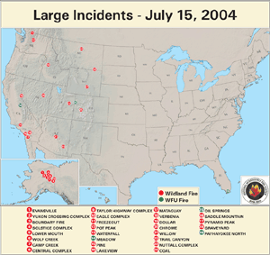 Active wildfires across the U.S. on July 8, 2004