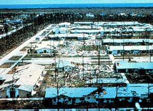 Uneven damage of a building complex from Hurricane Andrew