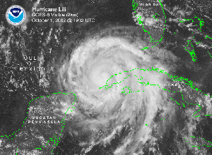 a satellite image of Hurricane Lili hammering western Cuba