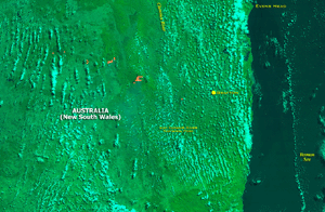 a satellite image depicting wildfires in New South Wales, Australia