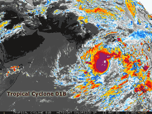 Infrared satellite image of Tropical Cyclone 01B on May 13, 2003