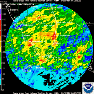 Storm Total Precipitation estimates from the Miami radar ending May 29, 2003