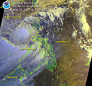 Satellite image of Tropical Storm Linfa near the Philippines on May 27, 2003