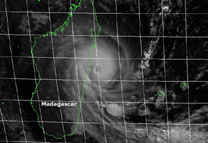 Satellite image of Tropical Cyclone Manou near eastern Madagascar on May 8, 2003