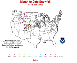 Snowfall for May 1-14, 2003 across the United States