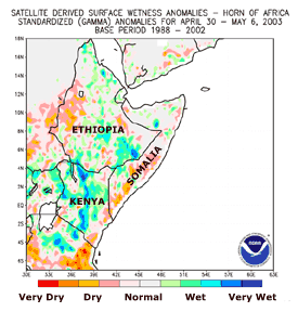 The wetness anomaly map for the Greater Horn of Africa during April 30-May 6, 2003