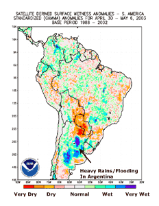 Wetness anomalies across South America during April 30-May 6, 2003