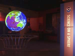NOAA image of a simulation of the Indian Ocean tsunami of December 2004 as projected on the NOAA Science on a Sphere exhibit at Nauticus, the National Maritime Center in Norfolk, Va.