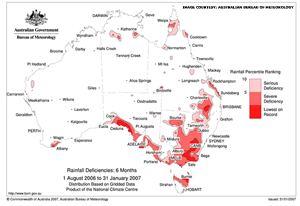 Rainfall deficiencies across Australia during August 2006-January 2007