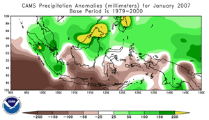Rainfall anomalies across Indonesia/Malaysia during January 2007
