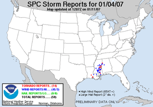 Map of storm reports on January 4, 2007
