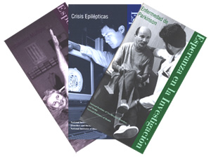 Portada de tres publicaciones del NINDS: Enfermedad de Parkinson, Crisis Epilépticas y Esclerosis Múltiple