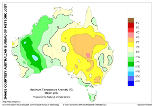 Maximum temperataure anomalies across Australia during March 2004 