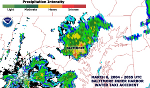Radar image of thunderstorms affecting the Baltimore, MD area on March 6, 2003