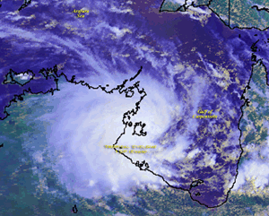 Satellite image of Tropical Cyclone Evan in northern Australia on March 1, 2004