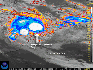 Satellite image of Tropical Cyclone Fay just off the coast of northern Australia on March 18, 2004
