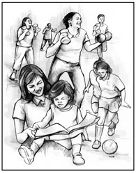 Ilustración variada de mujeres haciendo diferentes actividades: ejercicios con pesas, corriendo, jugando fútbol. En primer plano, una madre lee a su pequeña hija.