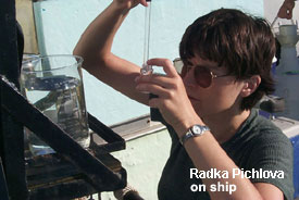 Radka Pichlova examines zooplankton on board GLERL's RV Shenehon.