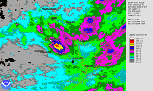 Radar estimated rainfall amounts in the Houston, TX area on June 19, 2006